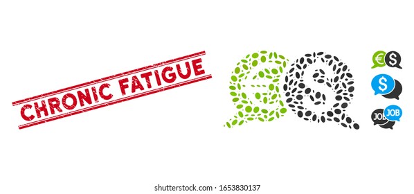 Grunge red stamp seal with Chronic Fatigue caption inside double parallel lines, and collage international payments icon.