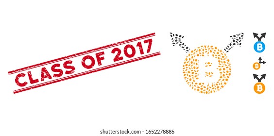 farbige Stempelrobbe mit der Klasse der Klasse 2017 Bildunterschrift zwischen doppelten parallelen Linien und Mosaik Bitcoin Gabelsymbol. Mosaike Vektorillustration wird mit dem Bitcoin Gabelsymbol und mit zufälligen ovalen Flecken erstellt.