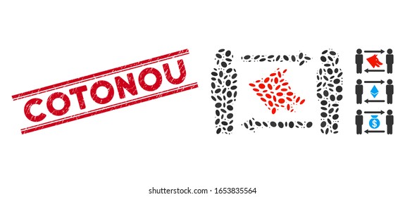 Grunge red stamp seal with Cotonou phrase inside double parallel lines, and collage men dog exchange icon. Mosaic vector is created with men dog exchange icon and with scattered oval spots.