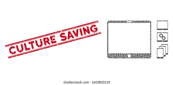 Grunge red stamp seal with Culture Saving text inside double parallel lines, and mosaic mobile tablet icon. Mosaic vector is formed from mobile tablet icon and with random ellipse elements.