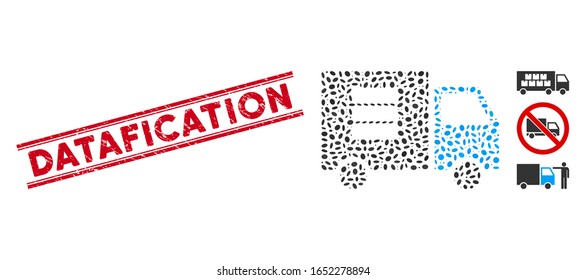 farbige Stempeldichtung mit Datfifizierung zwischen doppelten parallelen Linien und mosaikem Datentransfer-Symbol.