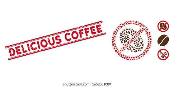 Grunge red stamp seal with Delicious Coffee phrase between double parallel lines, and mosaic no coffee bean icon. Mosaic vector is formed with no coffee bean icon and with random oval elements.