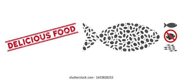 Grunge red stamp seal with Delicious Food caption inside double parallel lines, and mosaic fish icon. Mosaic vector is created with fish icon and with scattered elliptic elements.
