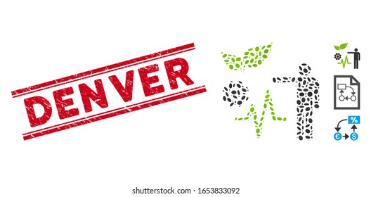 Grunge red stamp seal with Denver caption between double parallel lines, and mosaic object analysis icon. Mosaic vector is designed with object analysis icon and with scattered oval spots.