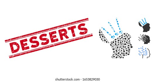 Grunge red stamp seal with Desserts caption between double parallel lines, and collage open mind interface icon.