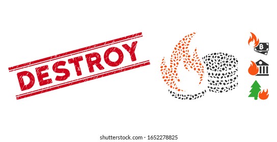 Grunge red stamp seal with Destroy caption inside double parallel lines, and mosaic coins fire disaster icon. Mosaic vector is created with coins fire disaster icon and with scattered ellipse items.