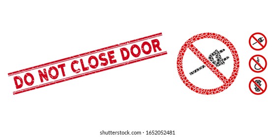 Grunge red stamp seal with Do Not Close Door phrase inside double parallel lines, and collage no electric cord icon. Mosaic vector is formed from no electric cord icon and with randomized oval spots.