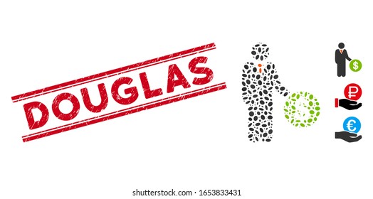 Grunge red stamp seal with Douglas caption inside double parallel lines, and mosaic payment icon. Mosaic vector is designed with payment icon and with randomized oval items.