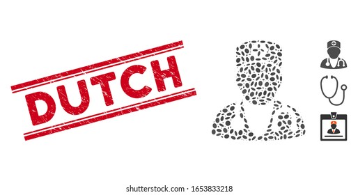 Grunge red stamp seal with Dutch caption inside double parallel lines, and mosaic physician icon. Mosaic vector is composed with physician icon and with scattered oval items.