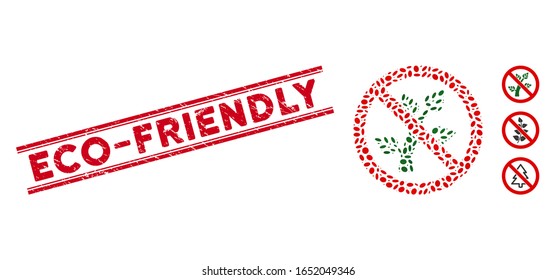 Grunge red stamp seal with Eco-Friendly phrase inside double parallel lines, and mosaic no botany icon. Mosaic vector is created from no botany pictogram and with randomized oval spots.
