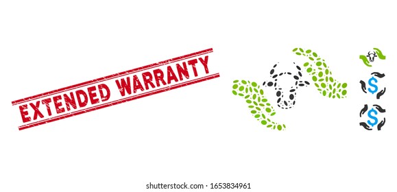 Grunge red stamp seal with Extended Warranty caption inside double parallel lines, and collage cow protection hands icon.