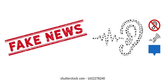 Grunge red stamp seal with Fake News text between double parallel lines, and mosaic hearing signal icon. Mosaic vector is composed with hearing signal pictogram and with randomized ellipse spots.
