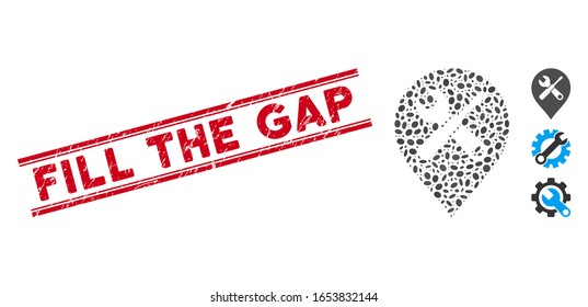 Grunge red stamp seal with Fill the Gap caption between double parallel lines, and mosaic repair tools map marker icon.