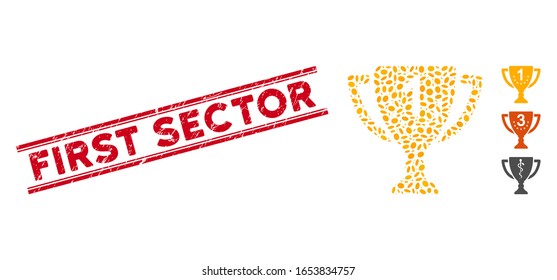 Sello de sello rojo grueso con el título del primer sector dentro de líneas paralelas dobles y icono del goblet de primer lugar del mosaico. El vector mosaico está diseñado a partir del icono del goblet de primer lugar y con puntos ovales aleatorios.