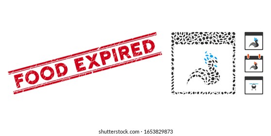 Grunge red stamp seal with Food Expired text inside double parallel lines, and mosaic rooster calendar page icon.