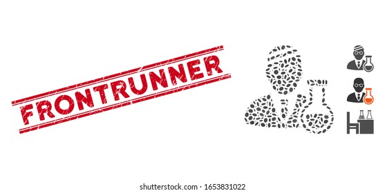 Grunge rote Stempelrobbe mit Frontrunner-Phrase zwischen doppelten parallelen Linien und mosaikkkranken Chemiker-Ikone. Mosaike Vektorillustration wird mit kranker Chemistin und mit randomisierten Ellipsenflecken gebildet.