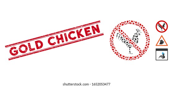 Grunge red stamp seal with Gold Chicken phrase inside double parallel lines, and mosaic no rooster icon. Mosaic vector is designed from no rooster pictogram and with scattered elliptic elements.