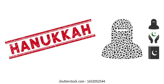 Grunge red stamp seal with Hanukkah text between double parallel lines, and mosaic muslim hijab icon. Mosaic vector is designed with muslim hijab icon and with randomized oval spots.