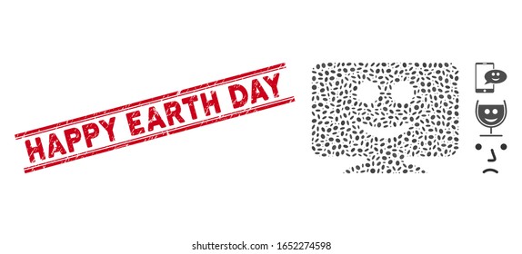 Grunge red stamp seal with Happy Earth Day text inside double parallel lines, and mosaic display smile icon. Mosaic vector is created with display smile icon and with scattered oval elements.