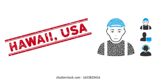 Grunge red stamp seal with Hawaii, USA phrase between double parallel lines, and mosaic worker icon. Mosaic vector is created from worker icon and with random oval items. Hawaii,
