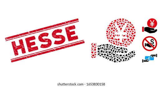 Grunge red stamp seal with Hesse caption between double parallel lines, and mosaic yen coin payment hand icon.