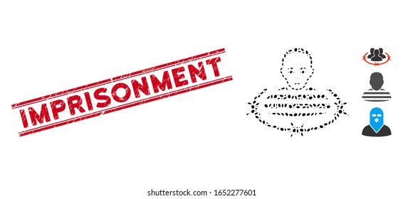 Grunge red stamp seal with Imprisonment phrase between double parallel lines, and mosaic isolated prisoner icon. Mosaic vector is created with isolated prisoner icon and with randomized oval spots.