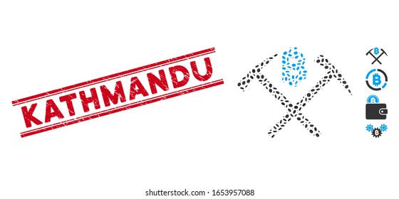 Grunge red stamp seal with Kathmandu text between double parallel lines, and mosaic Bitcoin mining hammers icon.