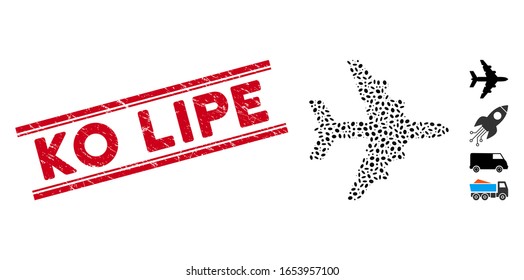 Grunge red stamp seal with Ko Lipe caption inside double parallel lines, and mosaic bomber icon. Mosaic vector is composed with bomber pictogram and with random ellipse elements.