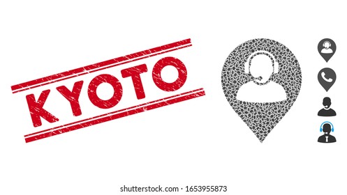 Grunge red stamp seal with Kyoto caption between double parallel lines, and mosaic call center marker icon. Mosaic vector is created with call center marker icon and with random oval items.