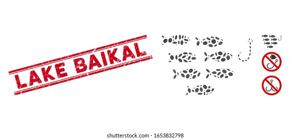 Grunge red stamp seal with Lake Baikal caption inside double parallel lines, and mosaic fish hook icon. Mosaic vector is created with fish hook icon and with randomized elliptic elements.