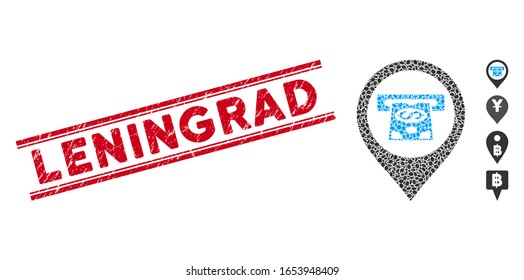 Grunge red stamp seal with Leningrad text inside double parallel lines, and collage cash machine pointer icon. Mosaic vector is created with cash machine pointer icon and with random oval elements.