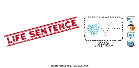 Grunge red stamp seal with Life Sentence phrase inside double parallel lines, and collage cardio monitoring icon. Mosaic vector is formed with cardio monitoring icon and with scattered ellipse items.