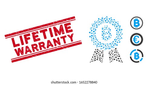 Grunge red stamp seal with Lifetime Warranty phrase between double parallel lines, and mosaic Bitcoin seal with ribbons icon.
