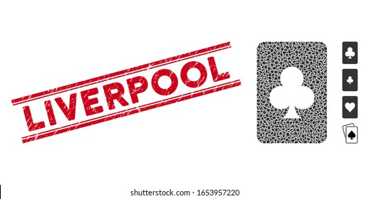 Grunge red stamp seal with Liverpool text inside double parallel lines, and mosaic clubs gambling card icon. Mosaic vector is designed with clubs gambling card pictogram and with random oval items.