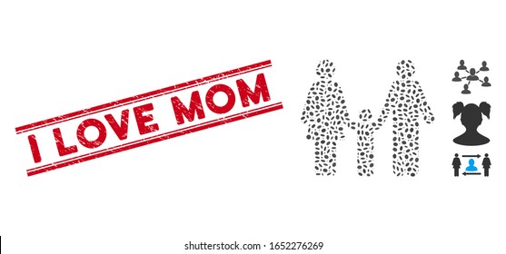 Grunge red stamp seal with I Love Mom phrase inside double parallel lines, and mosaic family child icon. Mosaic vector is composed with family child icon and with random oval items.