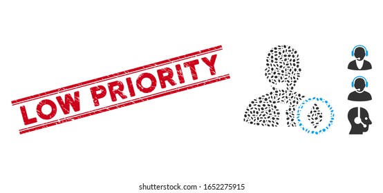 Grunge red stamp seal with Low Priority caption inside double parallel lines, and mosaic Ethereum operator manager icon.