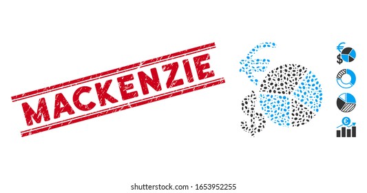 Sello de sello rojo grueso con frase Mackenzie entre líneas paralelas dobles e icono del gráfico circular de la moneda de mosaico. El vector mosaico se crea con el icono de gráfico circular de moneda y con puntos ovales aleatorios.