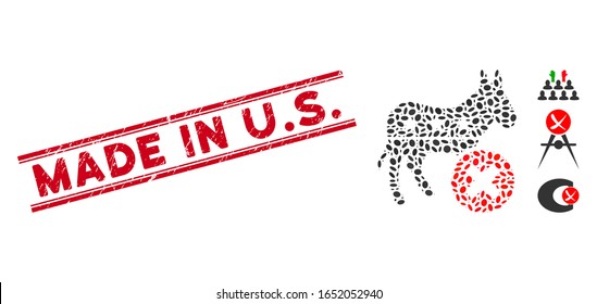 Grunge red stamp seal with Made in U.S. text inside double parallel lines, and mosaic reject democrat donkey icon.