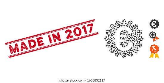 Grunge red stamp seal with Made in 2017 caption inside double parallel lines, and mosaic Euro award seal icon. Mosaic vector is created with Euro award seal pictogram and with random elliptic spots.