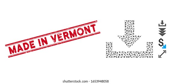 Grunge red stamp seal with Made in Vermont text inside double parallel lines, and collage download icon. Mosaic vector is composed with download icon and with random ellipse items.