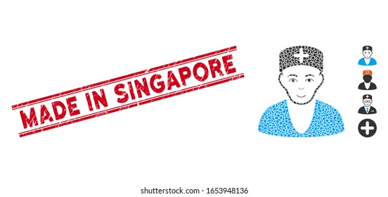 Grunge red stamp seal with Made in Singapore text inside double parallel lines, and mosaic doctor icon. Mosaic vector is created with doctor icon and with randomized ellipse spots.