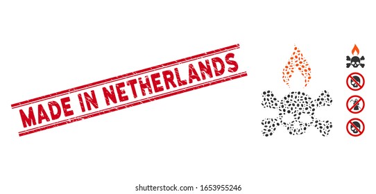 Grunge red stamp seal with Made in Netherlands text inside double parallel lines, and collage death ignition icon.