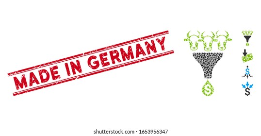 Grunge red stamp seal with Made in Germany text inside double parallel lines, and collage cattle profit funnel icon.