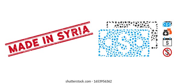 Grunge red stamp seal with Made in Syria text between double parallel lines, and mosaic dollar banknotes icon. Mosaic vector is composed with dollar banknotes pictogram and with randomized oval items.