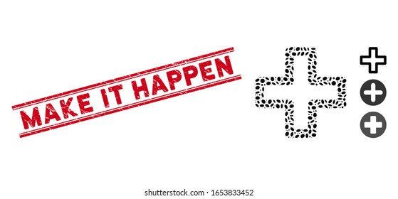 Borra el sello rojo con la leyenda Make It Happen dentro de líneas paralelas dobles y el icono de colage add. El vector mosaico se crea con icono de adición y con elementos de elipse dispersos.