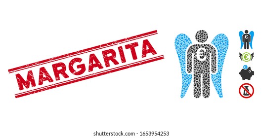 Grunge red stamp seal with Margarita caption between double parallel lines, and mosaic Euro angel investor icon.