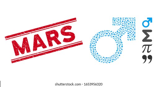 Grunge red stamp seal with Mars text inside double parallel lines, and mosaic Mars symbol icon. Mosaic vector is formed with Mars symbol pictogram and with random ellipse items.
