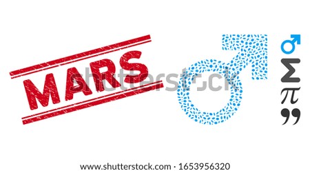 Grunge red stamp seal with Mars text inside double parallel lines, and mosaic Mars symbol icon. Mosaic vector is formed with Mars symbol pictogram and with random ellipse items.