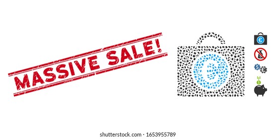Grunge red stamp seal with Massive Sale! text inside double parallel lines, and mosaic Euro bookkeeping icon. Mosaic vector is formed with Euro bookkeeping icon and with random oval spots.