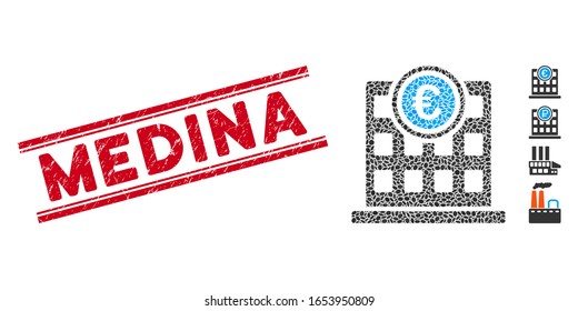 Grunge red stamp seal with Medina text inside double parallel lines, and mosaic Euro company building icon. Mosaic vector is formed with Euro company building icon and with randomized oval items.